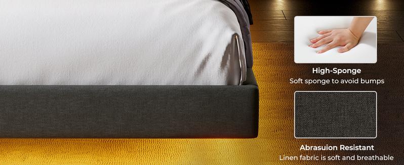 Floating Bed Frame Twin/Full/Queen Size with RGB LED Lights and Type-C&USB Ports, Linen Upholstered Platform Bed with Wood Slats Support, No Box Spring Needed,Noise-Free,Easy Assembly,Dark Gray