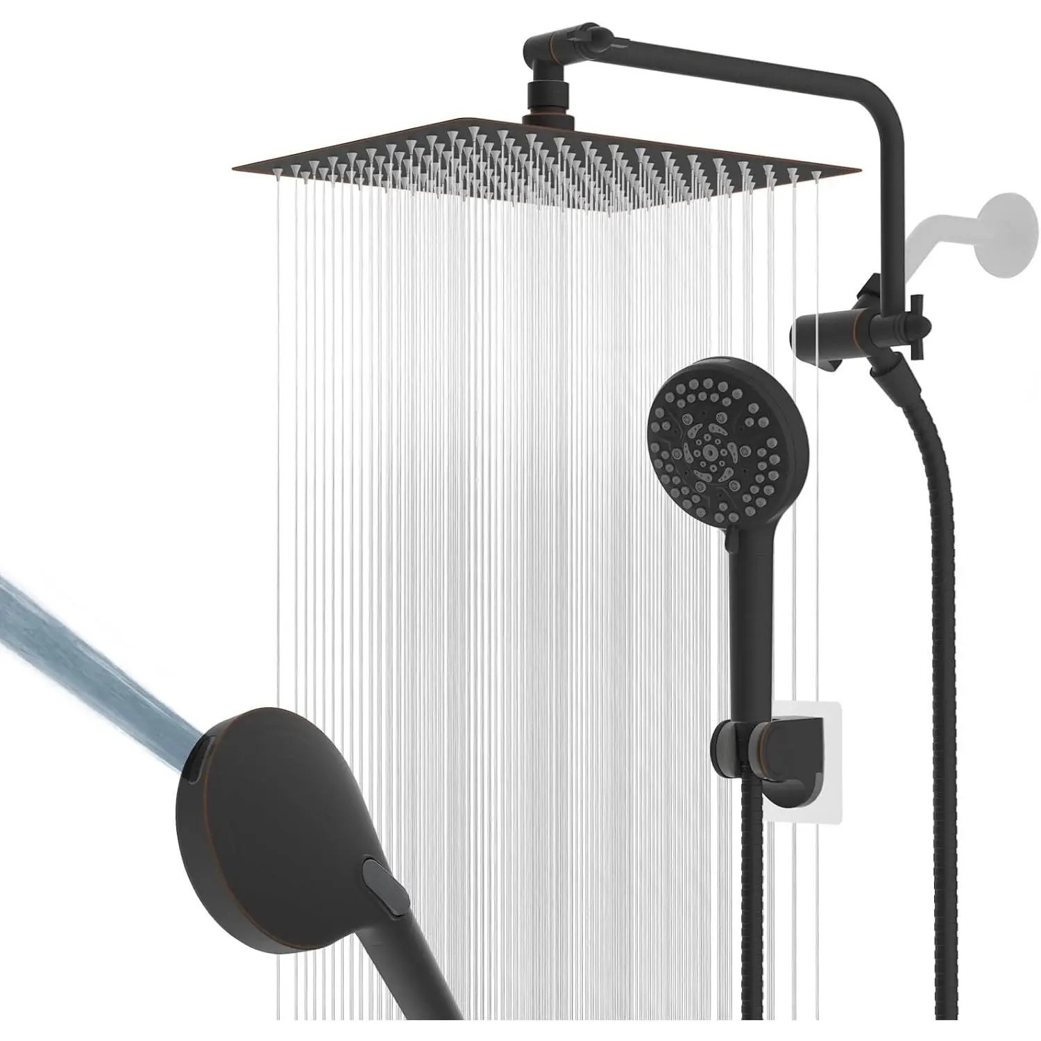 12" Metal Rainfall Shower Head with 10-Mode Handheld, Oil Rubbed Bronze | NSF/ANSI/CAN 372 Certified, High Pressure Showerhead Combo with 11" Adjustable Shower Arm, 71" Hose, Shower Head Holder