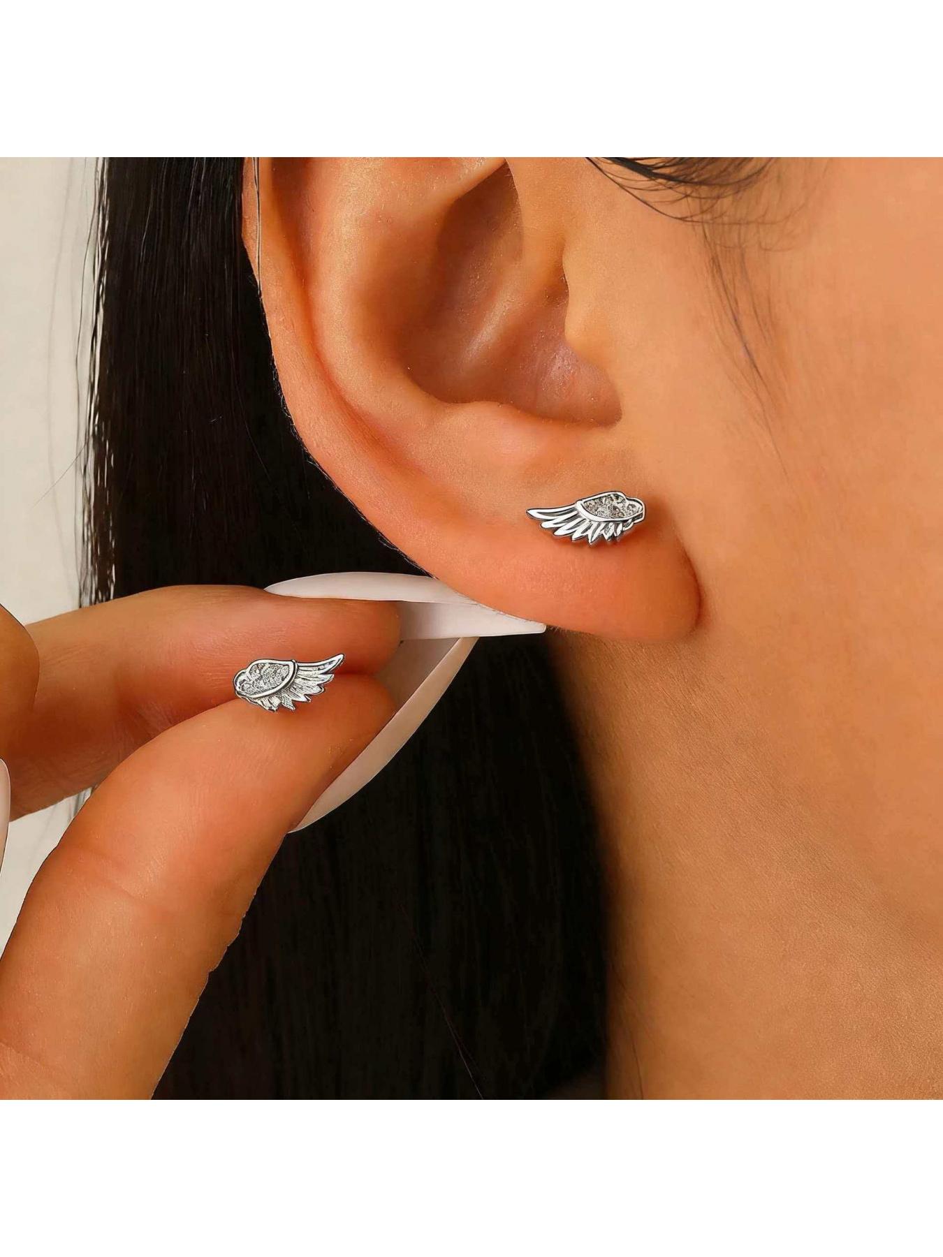Angel Wings Design Couple Cartilage Piercing Ear Studs, Sweet and Cool Hot Girl Style Micro Inlaid Zirconia Earrings