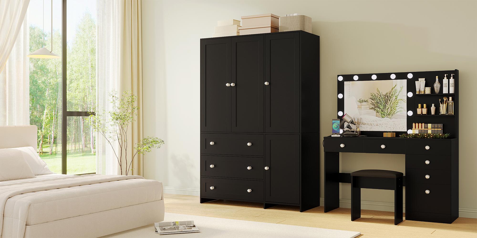 【2 Packages Delivery】VOWNER Wardrobe Closet Armoire Storage Cabinet 3 Doors with Hanging Rod for Hanging Clothes Bedroom Large Capacity Tall Freestanding Armoire Organizer with Shelves particle board