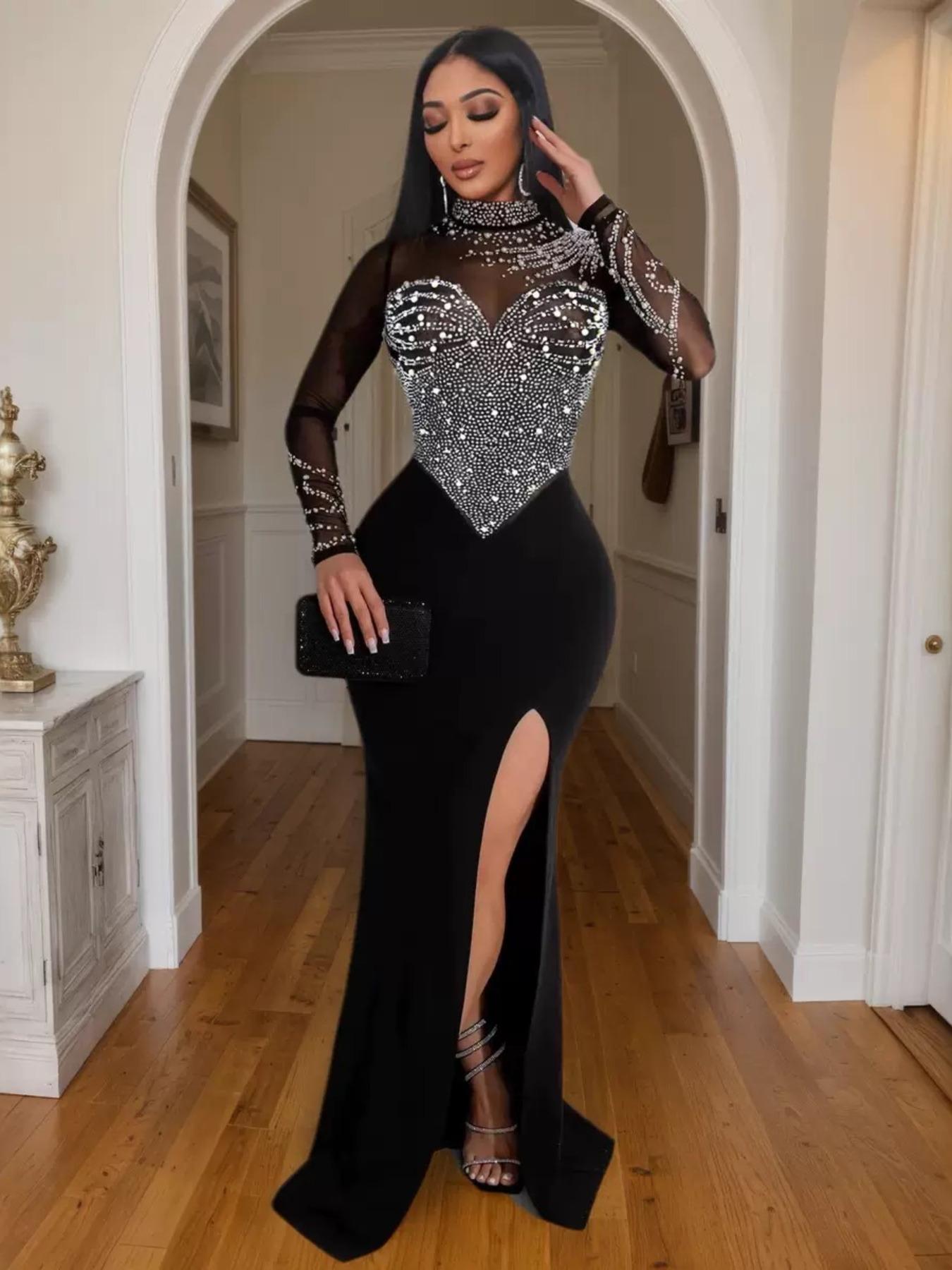 Women's Rhinestone Decor Contrast Mesh Split Thigh Slit Bodycon Dress, Elegant Long Sleeve Stand Collar Evening Party Formal Wear Gown, Ladies Clothes for All Seasons
