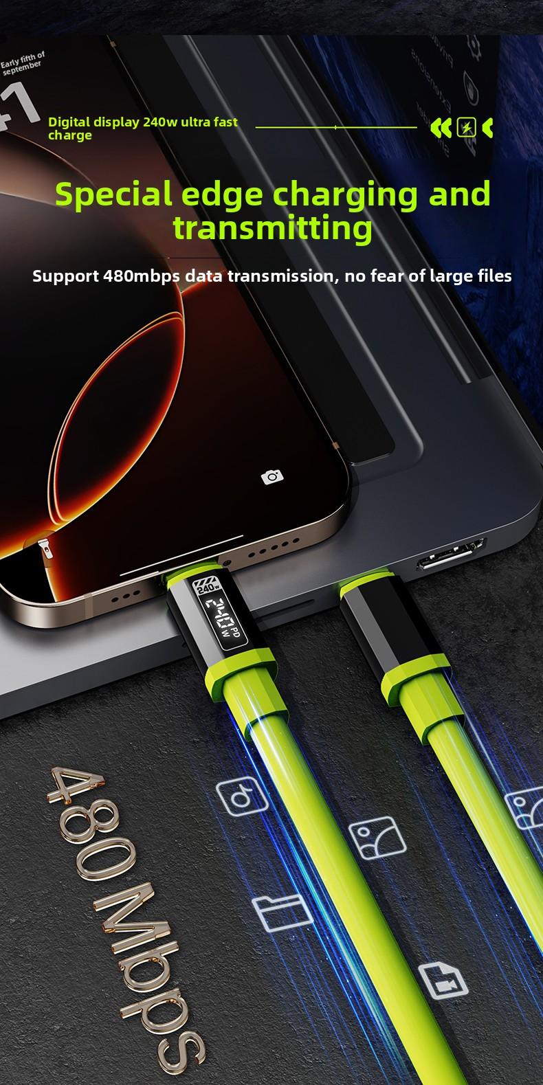 Super soft liquid silicone durable data cable 240W Digital Display Flash Fast Silicone Charging Cable 4.9ft Type C+Type C Type C+Lightning Data Sync Cable for Phones Tablets and Computers Aluminium Alloy