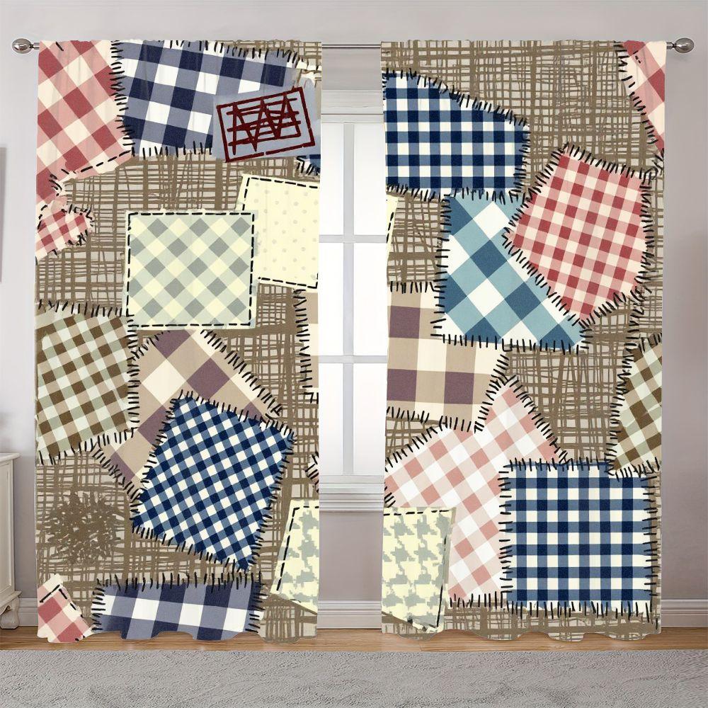 2D Flat Rustic Patchwork Checkered Curtain 2-Piece Set, Blue/Red/Brown/White Grid Patterns with Handmade Stitching, Light Yellow Subtle Gray Design Decor, Traditional Quilting Style Window Drapes for Living Room Bedroom