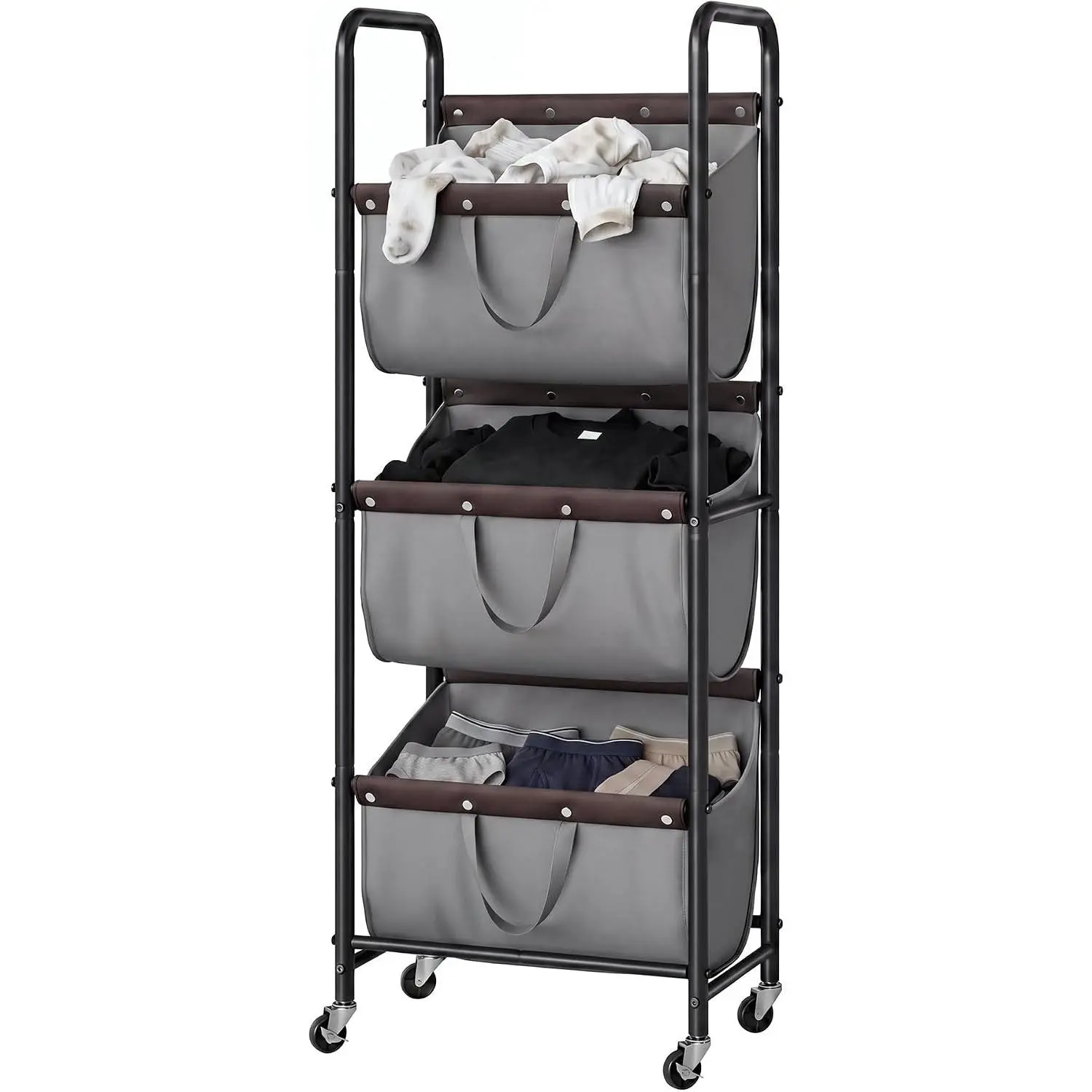 3 Section Tiered Laundry Sorter, Slim Vertical Laundry Hamper with Wheels, Narrow Rolling Laundry Cart with Removable Bags for Laundry Room, Bathroom, Closet, Dorm, Grey