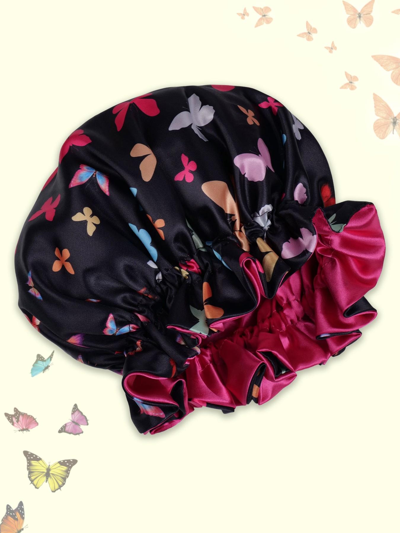 Soft Butterfly Print Sleep Cap for Unisex, Elegant Fashionable Sleep Hat, Beauty Makeup, Adjustable Wide Brim Bath Cap