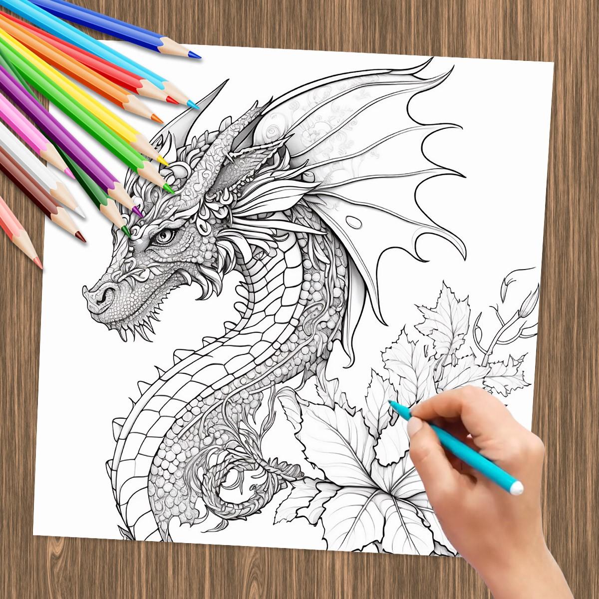 Dragon-Themed Coloring Book, 20 Pages Dragon Pattern Drawing Book, Art & Handmade Painting Frame, Suitable for Home School Office