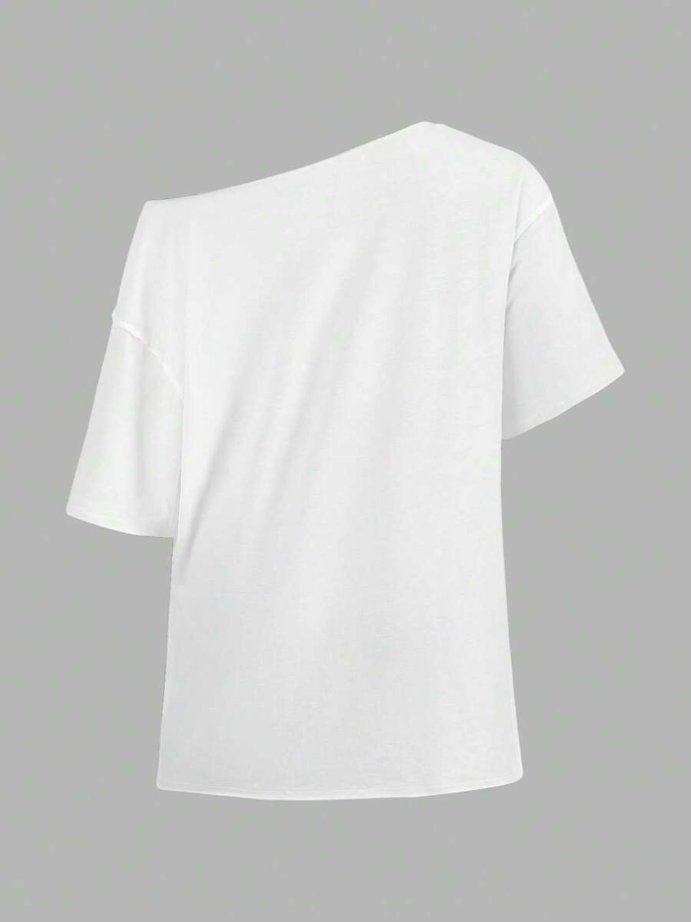 American Style Dodgers Letter Print Asymmetrical Neck Off-Shoulder Short Sleeve T-Shirt, Women's Summer Casual Streetwear Top