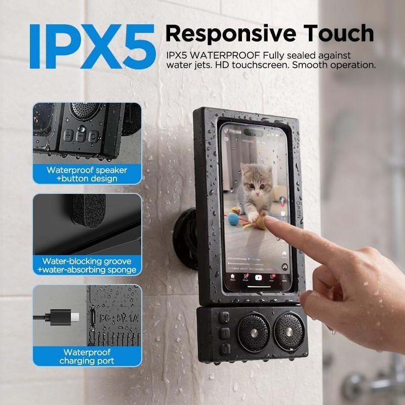 Waterproof box speaker, bathroom waterproof 360 ° rotating touch screen, Bluetooth speaker, watch movies, listen to music, phone holder Bluetooth speaker audio shower TV holder, swimming pool, kitchen, bathroom, sink