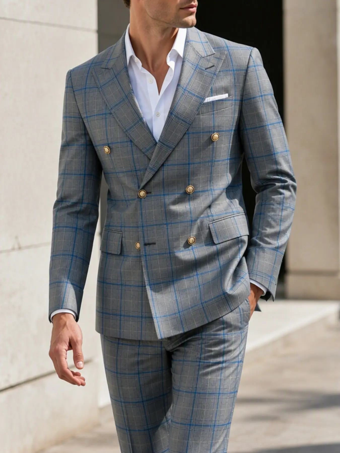 Ainwear Men 2 Piece Plaid Double Breasted Suit, Blue Check Blazer Jacket with Pockets & Pants Set, Casual Fitted Jacket for Wedding Party