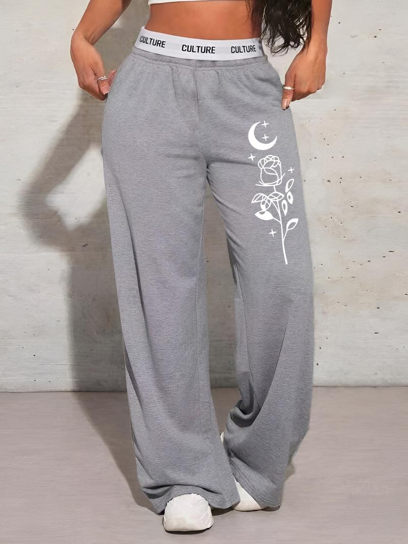 Women's Floral Print Pocket Wide Leg Sweatpants, Casual Comfy Trousers for Daily Wear, Ladies Bottoms for All Seasons