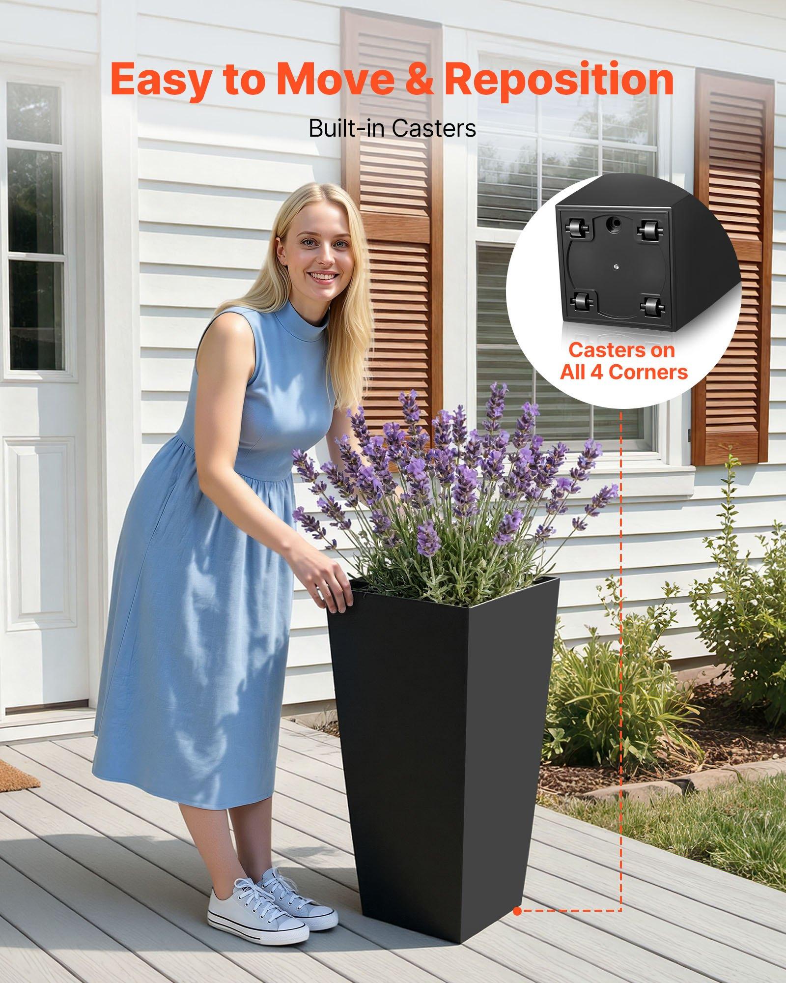 VEVOR Tall Planters Set of 2, 26 Inch Large Outdoor Taper Planters for Outdoor Indoor Plants, Front Porch Plastic Modern Flower Pots with Casters, Inner Pot & Drainage Holes for Patio, Garden, Black