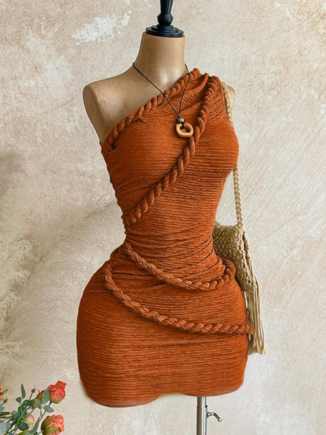 New Boho Style Knot Shoulder Mini Dress, Summer Women's Vintage Holiday, Fitted Plain Design, Casual Fashion for Vacation