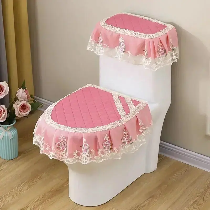 European Lace Embroidered Toilet Cushion Zipper Anti Slip Dustproof Three Piece Set Four Season Universal U-shaped Toilet Mat