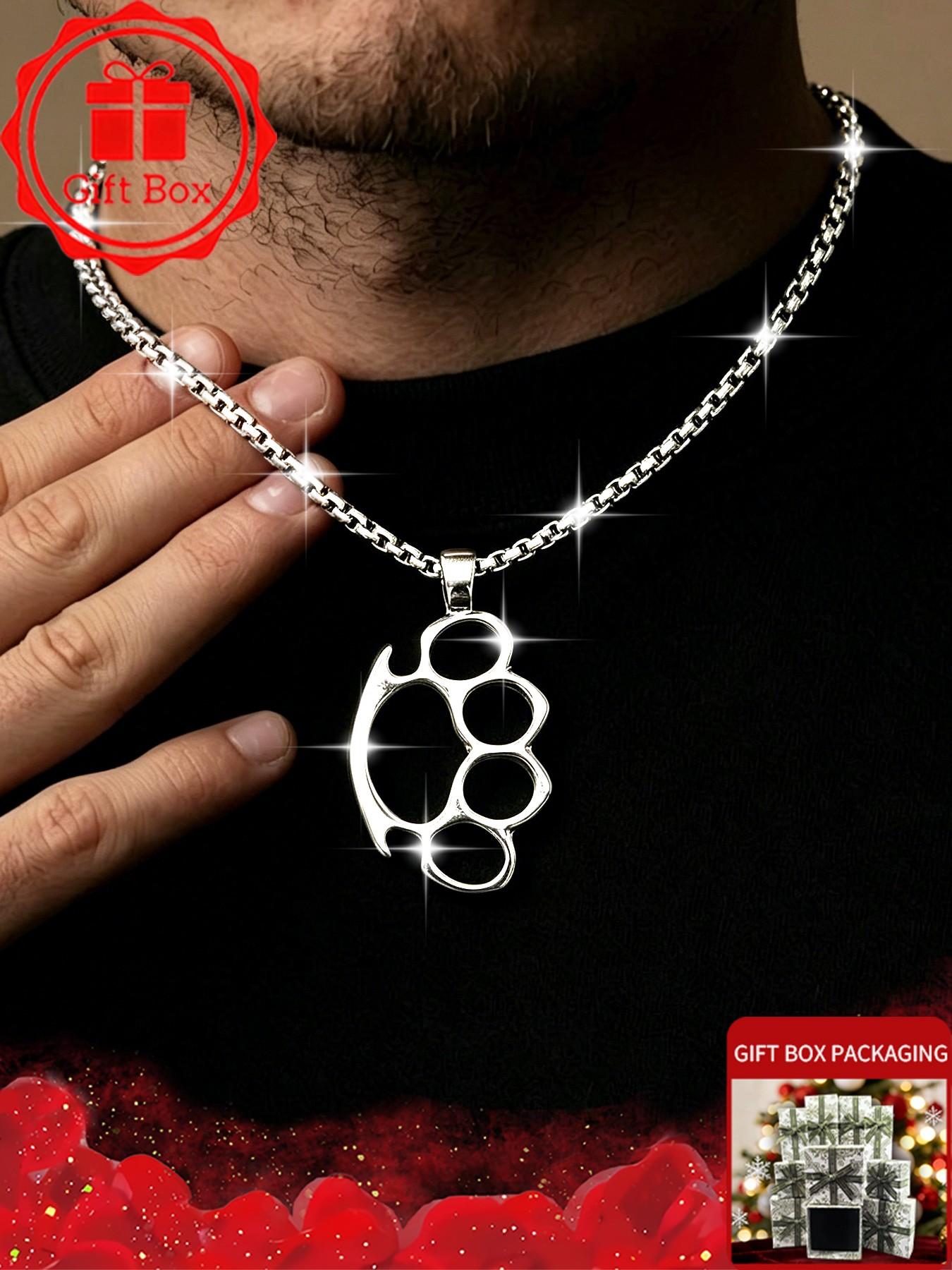 Silver Knuckle Pendant Necklace with Gift Box, Chain Necklaces, Vintage Knuckle Duster Choker, Punk Box Chain Jewelry for Men Women, Unisex Grunge Outfits Clothing Accessories, Birthday Christmas Valentine Gift for Boyfriend Son Husband Her