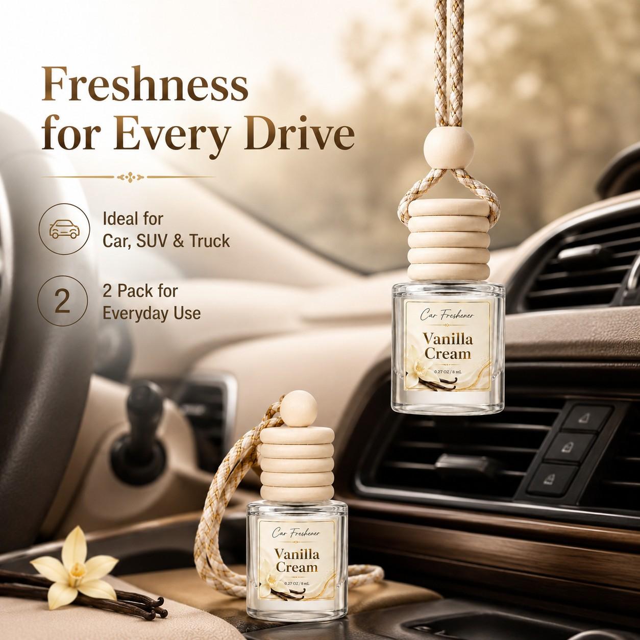 2 Pack Vanilla Cream Car Air Freshener, Car Perfume, Long Lasting Sweet Scent, 8ML Bottle, Hanging Car Freshener for Auto Interior, Car Accessories
