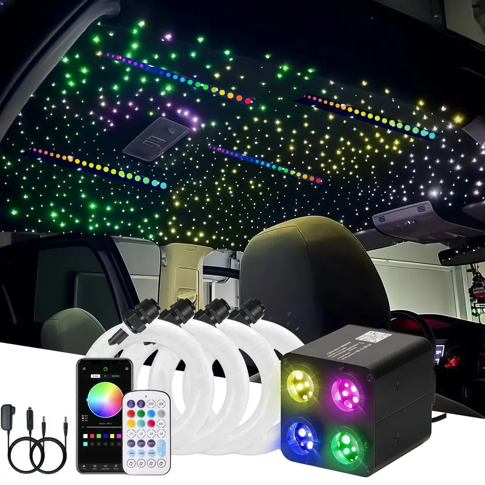 36W 4-Color Twinkle Fiber Optic Light Ceiling Kit 2000 Pcs Starlight Kit with 240 colorful Shooting Stars, Adjustable Sound Sync Interior LED Lights for Big Vehicles,  RF Remote & Remote App Control, LED Ceiling Light for Bedroom