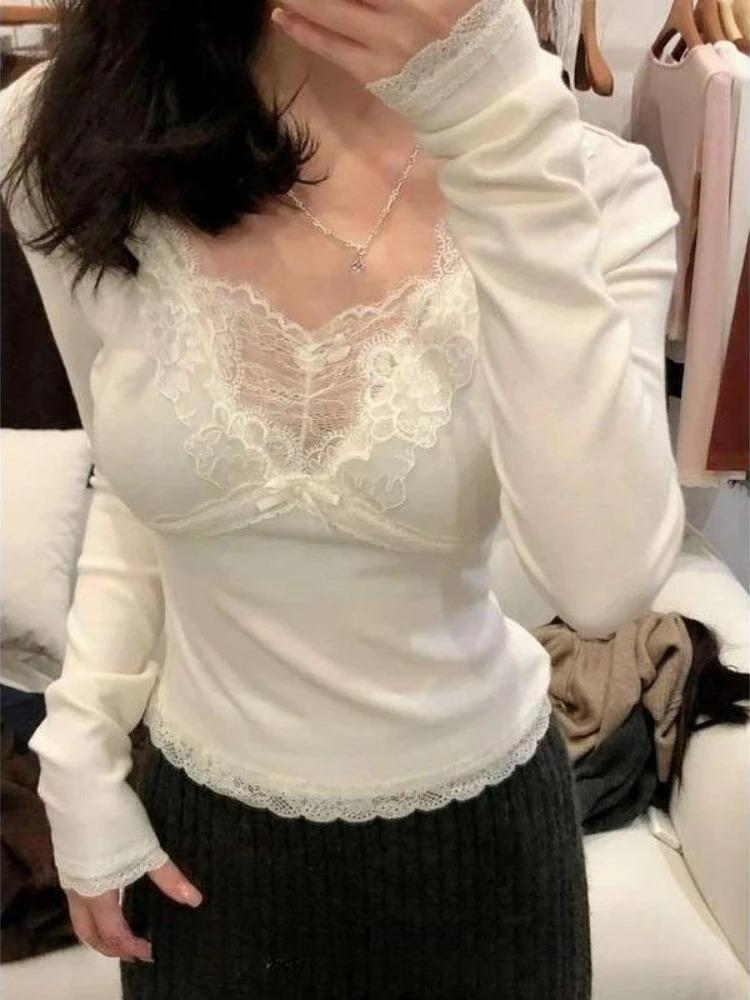 Pink V-neck Lace Edge Spliced Base Shirt Women Autumn Winter Inner Wear Elegant Fit Tops Harajuku Sweet Bow Casual Soft Clothes