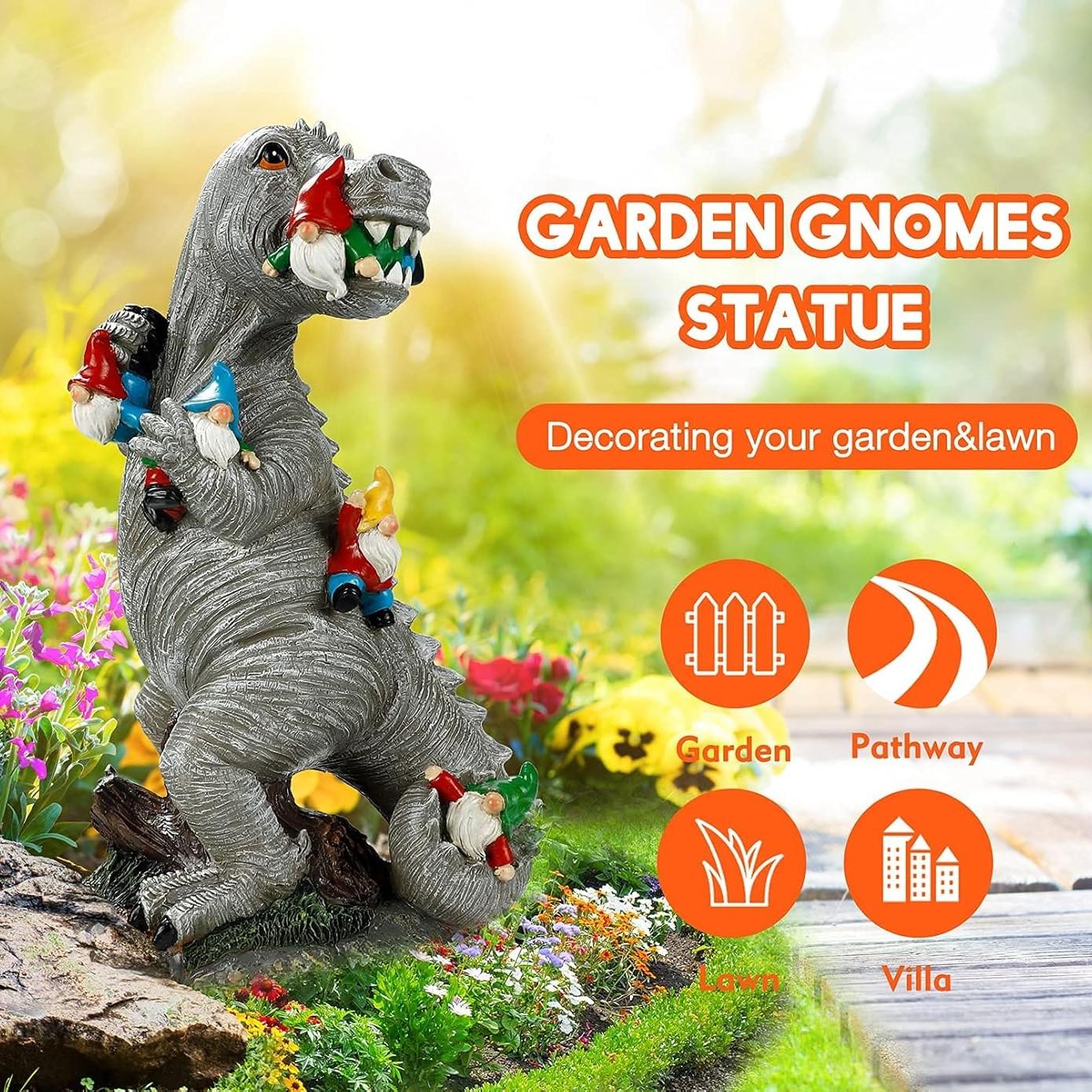 Dinosaur Eating Dwarf Garden Statue, Outdoor Yard Art Decor, Patio Lawn Courtyard Sculpture, Moving Gift for New Home