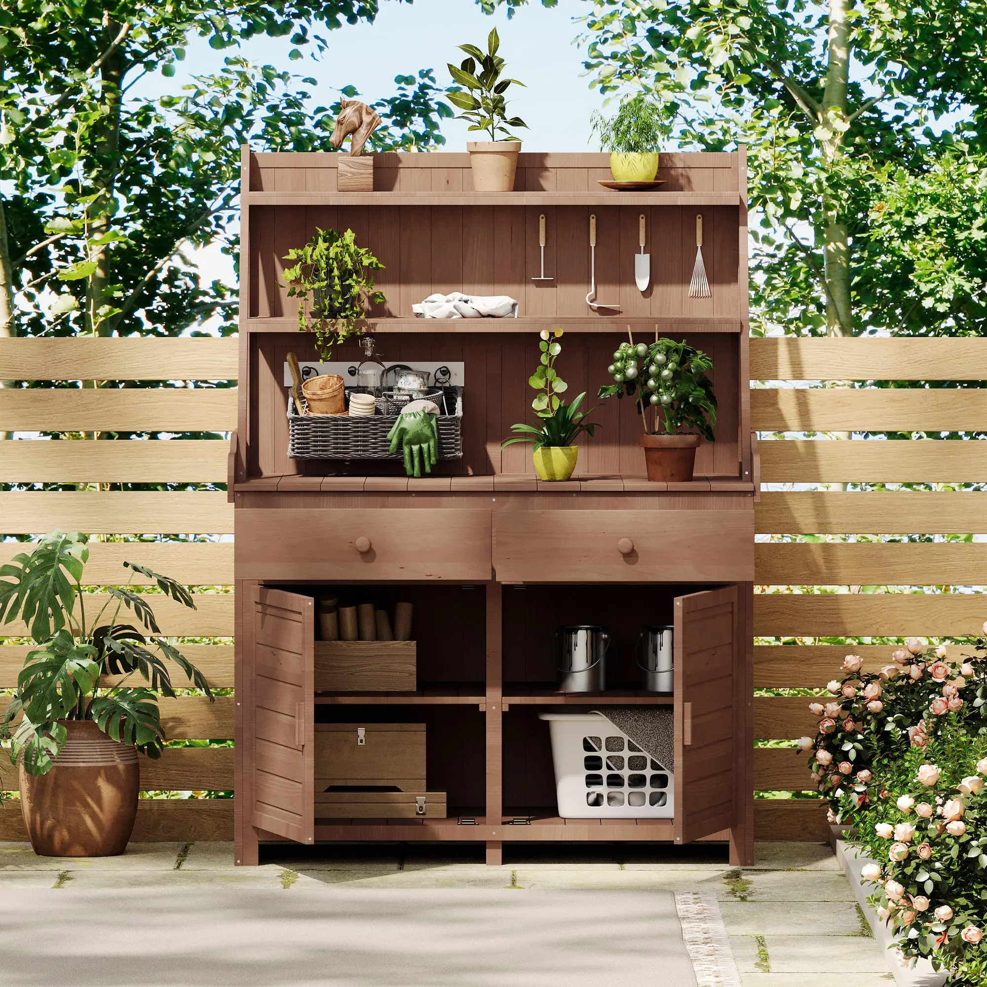65-Inch Fir Wood Potting Bench Table with Storage Shelf, Drawer, and Cabinet, Rustic Brown Outdoor Workstation for Plants and Tools