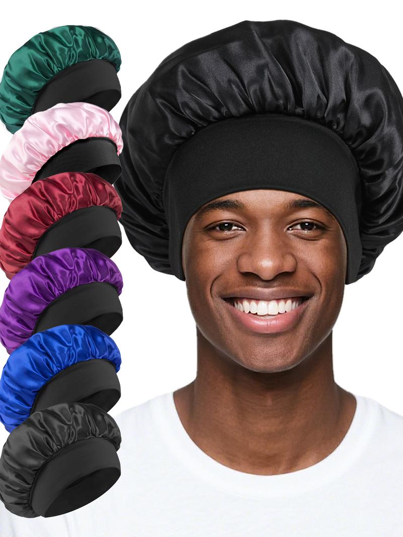 6 Pieces Pack,  Men's Bonnet Set, Pure Color Satin Sleep Cap, Unisex Casual Comfortable Home Use, Soft Silk-Like Material