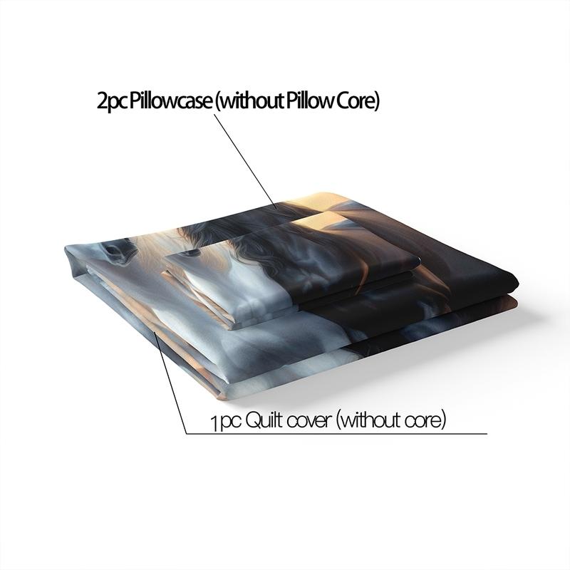 3-Piece High-Definition Digital Print Horse Comforter Set, Includes 1 Fitted Sheet + 2 Pillowcases, Soft Polyester Fabric, Home Use