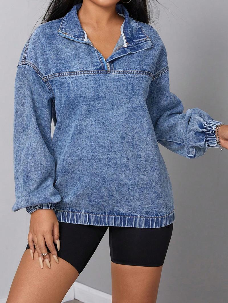 Women's Fall Winter Casual Loose-Fit Denim Jacket, Stand Collar Pullover Coat, Fashionable Plain Color Outerwear for Daily Wear