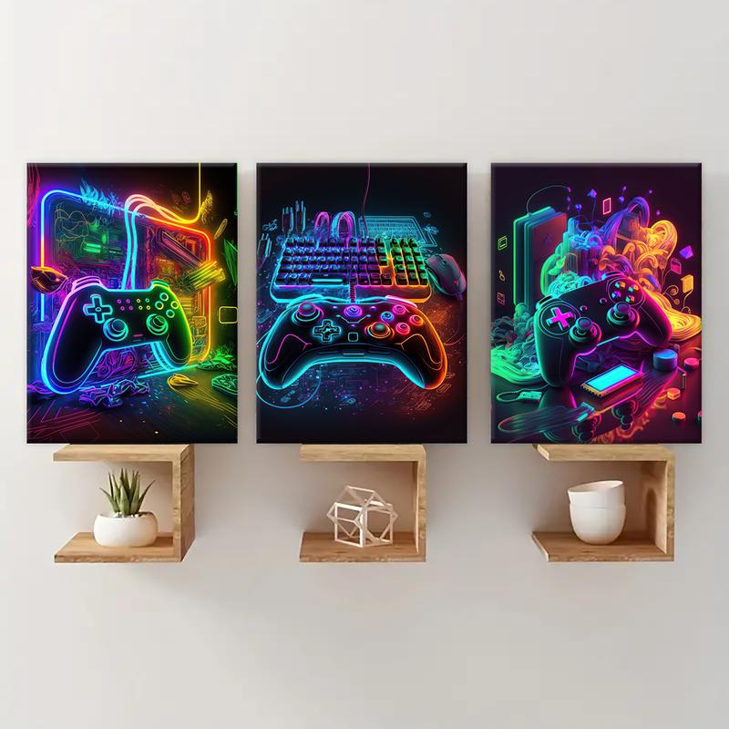 Modern Neon Gamepad Lightsaber Man Pattern Canvas Painting with Frame, 3 Counts/set Modern Wall Art Painting, Wall Art Decor for Home Living Room Bedroom Office