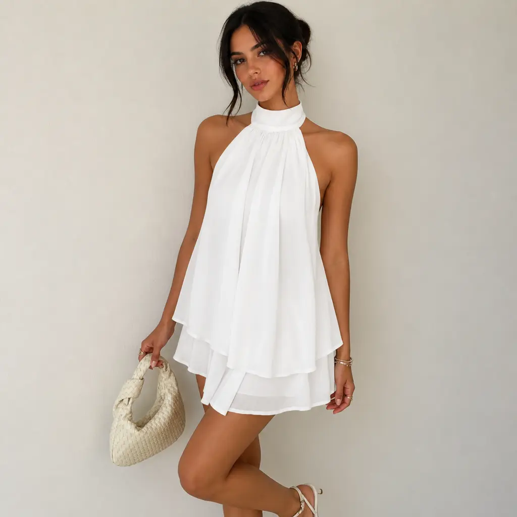 Women’s Sleeveless Halter Neck Open-Back Chiffon Mini Dress - Tie Back, Layered Ruffle Trim, Flowy A-Line Silhouette, Lightweight Bohemian Style for Summer Beach Resort, Cocktail Party Outfits (Sports & Outdoor Clothing)