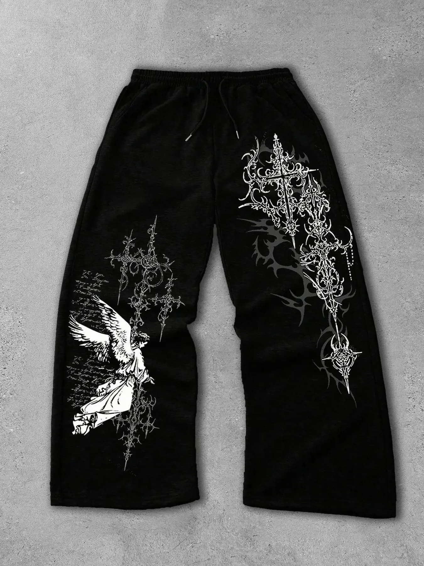 Dark style wide leg sweatpants, elastic drawstring waist, printed with angel and gothic cross vintage patterns, loose draping cut, subculture street casual trousers, Streetwear