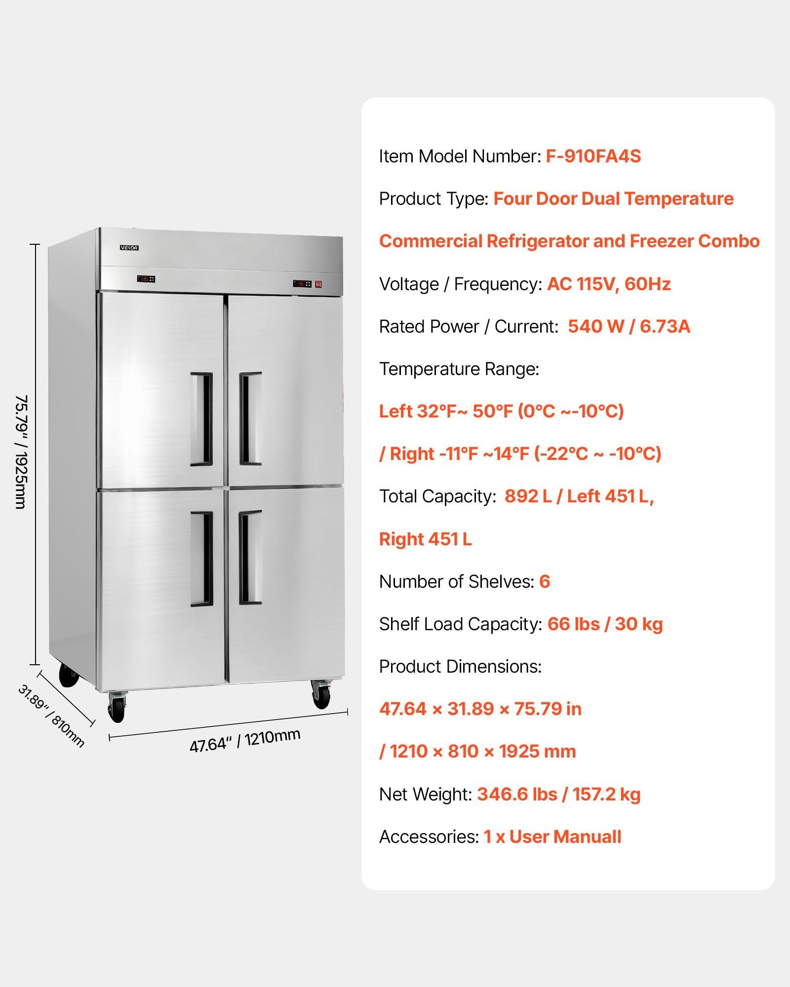 Commercial Refrigerator and Freezer Combo 48"W, 31 Cu. Ft Stainless Steel Upright Freezer/Refrigerator with 4 Doors, Auto-Defrost, 6 Adjustable Shelves, UL Certified