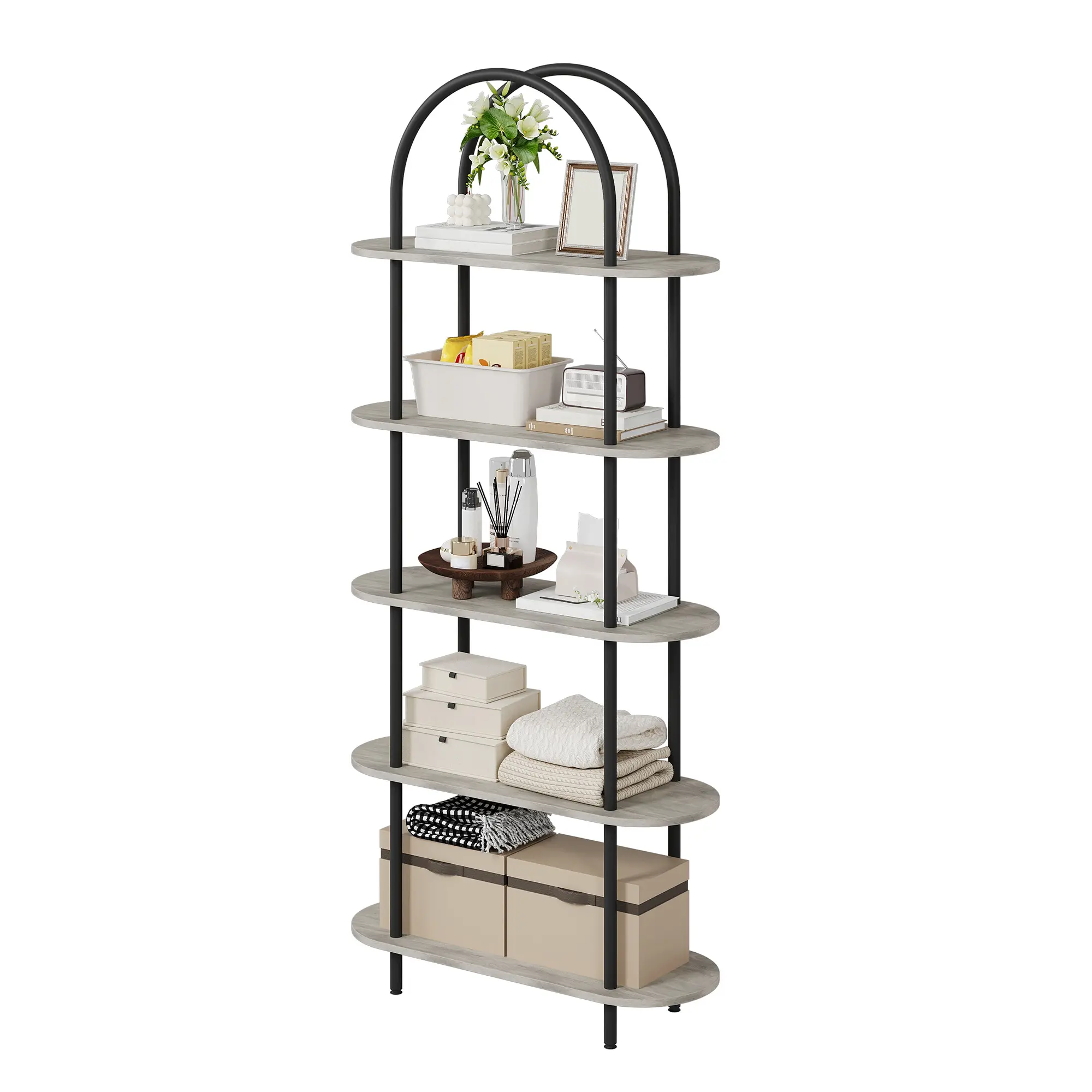 Garvee 71" Tall Arched 5-Tier Bookshelf – Freestanding Open Bookcase with Sturdy Metal Frame, Modern Industrial Display Shelving, Black+Graphite Gray / Black+Retro