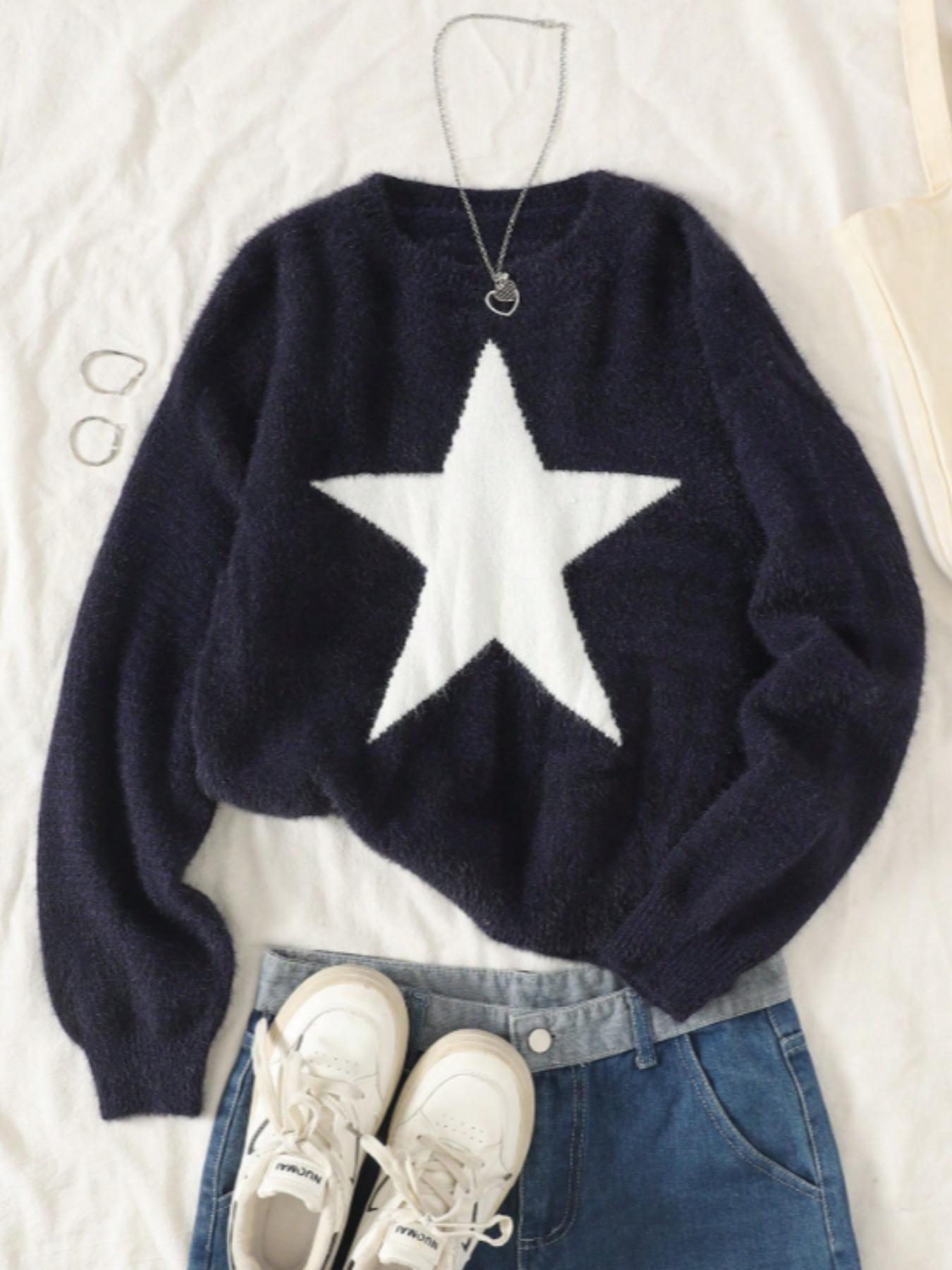 Women's Star Pattern Knit Pullover Long Sleeve, Soft Puffy Round Neck Sweater, Casual Fitted Fall/winter Clothing, Comfortable and Stylish
