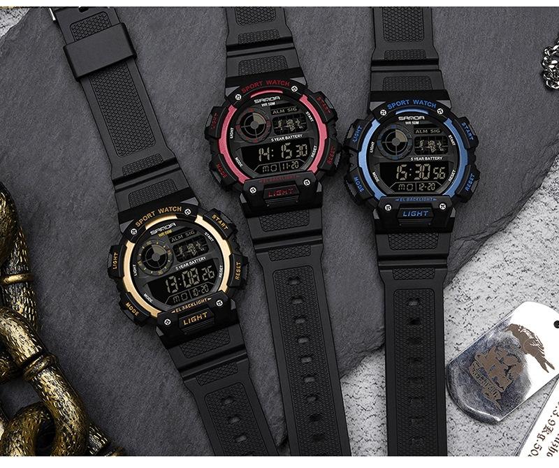 Sanda Fashion Waterproof Digital Watch for Youth, Dual Time, Stopwatch, Alarm, Luminous, Week Date, 12/24h, Casual Style, All Seasons