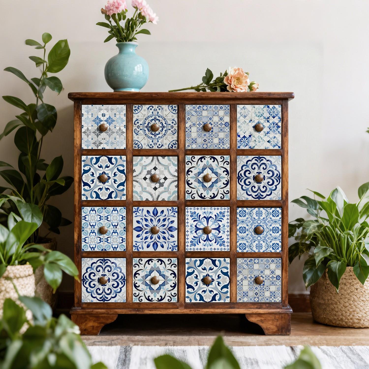 24PCS NHZ Blue Moroccan/Spanish Vintage Floral Tile Stickers, PVC Crystal Film with Mirror Gloss, Peel & Stick Removable No Residue, Easy to Clean Waterproof Wall Decals for Kitchen Bathroom Bedroom Office Indoor Decor