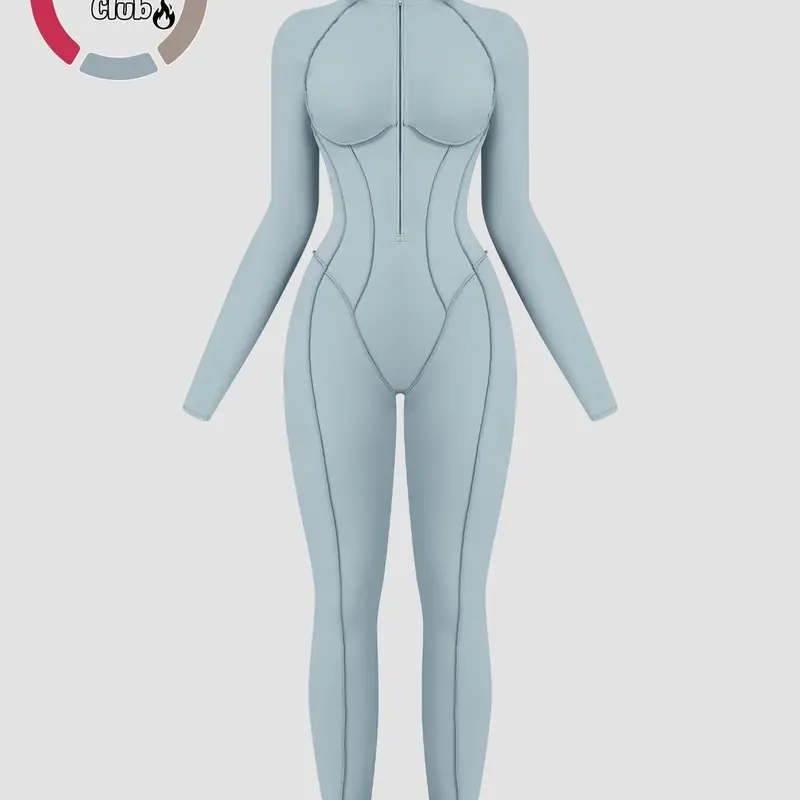 Women's Zipper Mock Neck Bodysuit, High Stretch Fitted Sports Jumpsuit, Casual Sporty Underwear for Women, Tight Fitting Jumpsuit