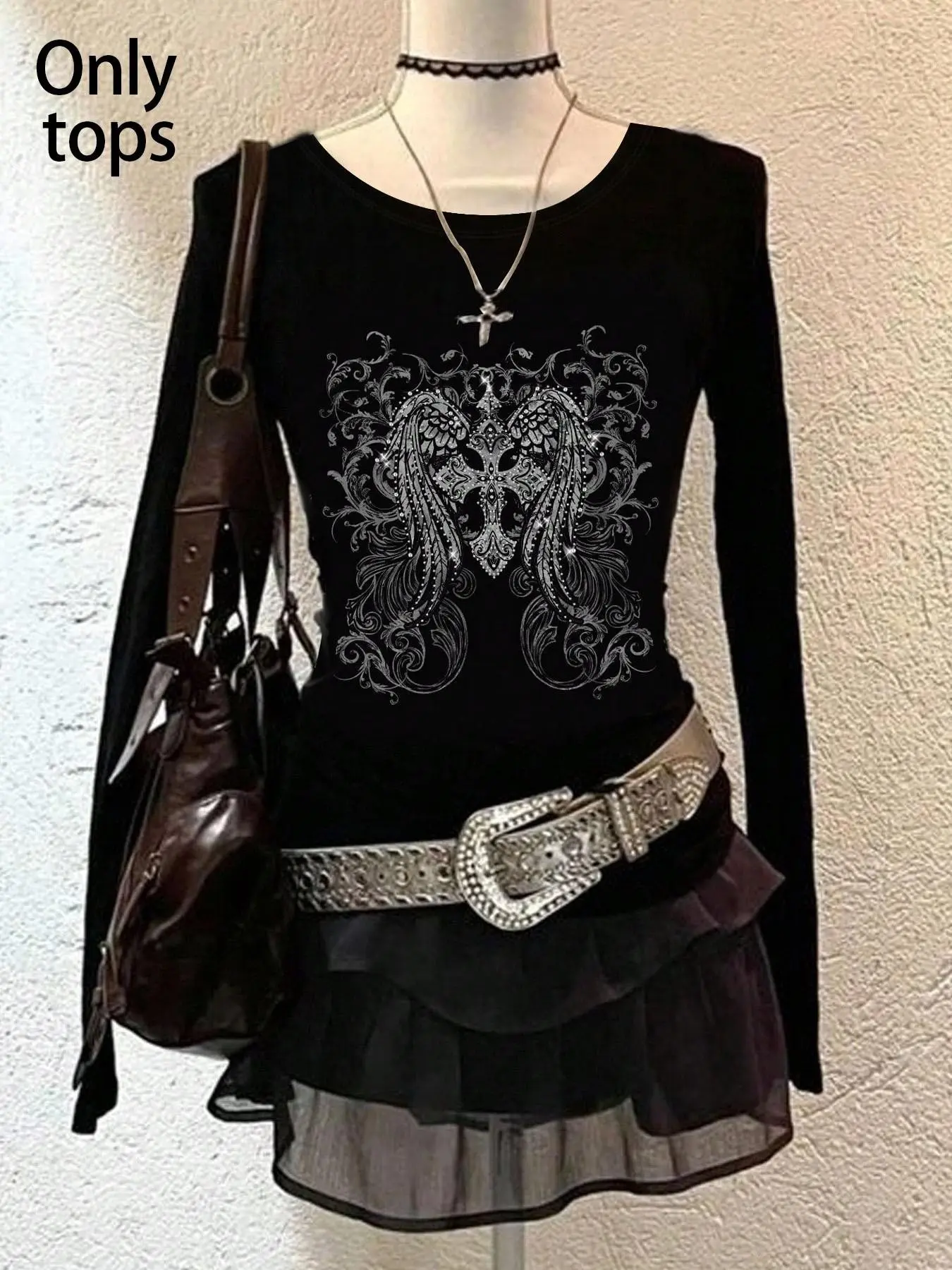 Women's Summer Gothic Metal Pattern Slim Fit Long Sleeve Top, Gothic Rock Style, Casual Comfortable Wear, Concert
