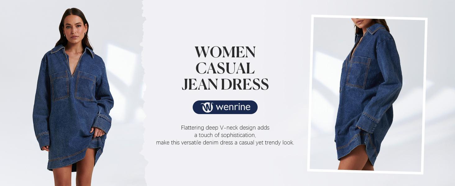 FMEYOA Womens Denim Shirt Dress Long Sleeve V Neck Loose Casual Jean Mini Dress with Pockets