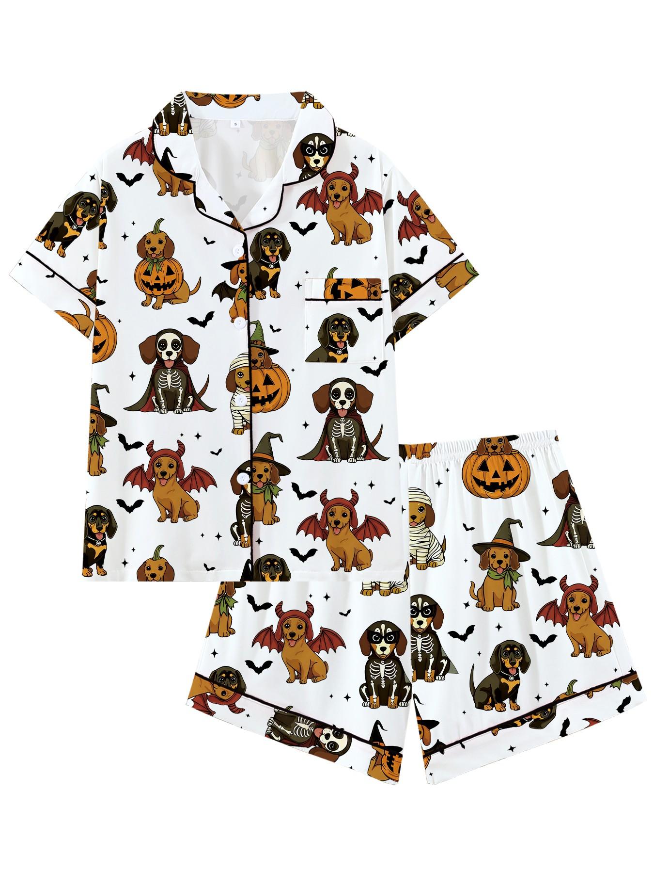 Creepy Cute Skeleton Halloween Pattern Short Sleeve Pajama Set, Spooky Stitched Face Graphic Sleepwear with Black Piping, Goth Style Summer Loungewear Set, Fun 2-Piece PJs