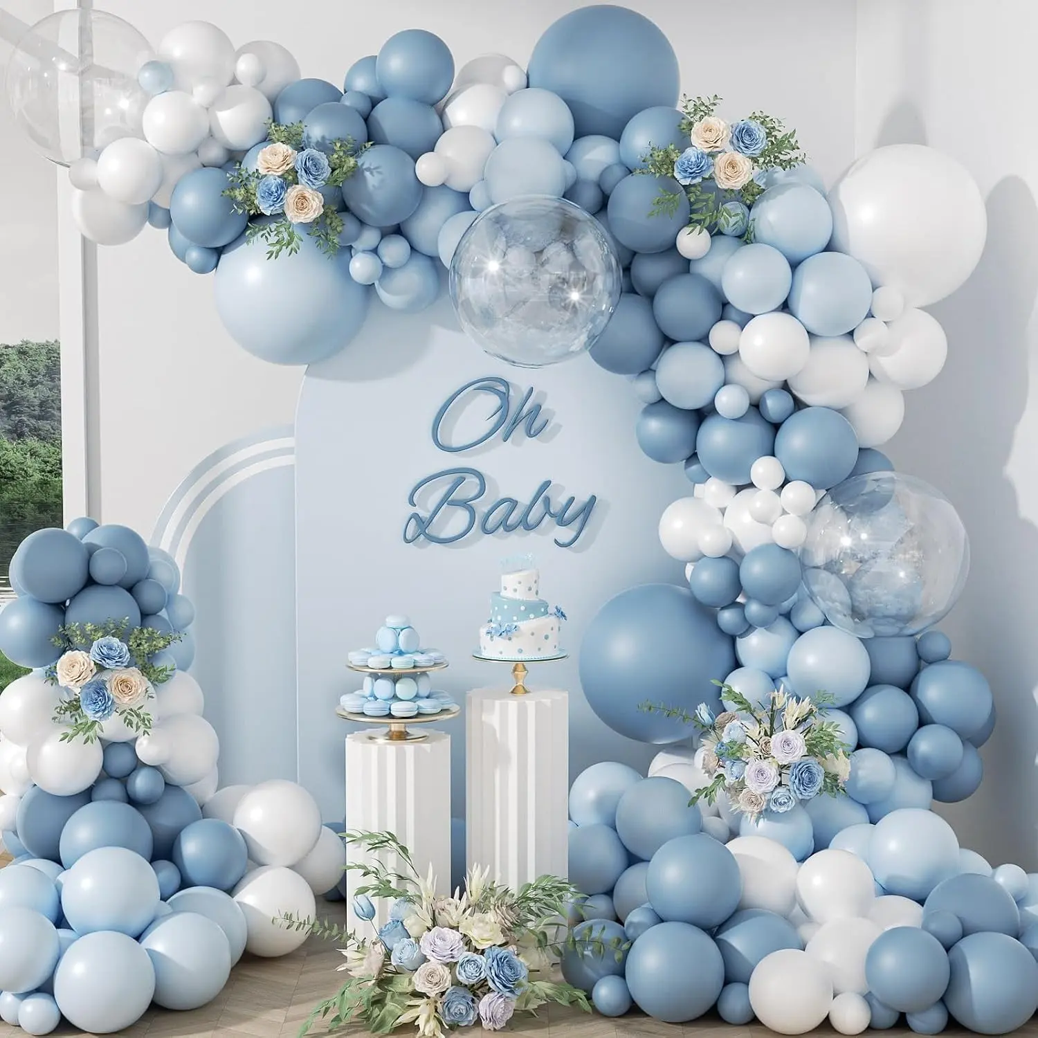 Dusty Blue Balloon Arch Garland Kit 119pcs with Blue White Clear Balloons