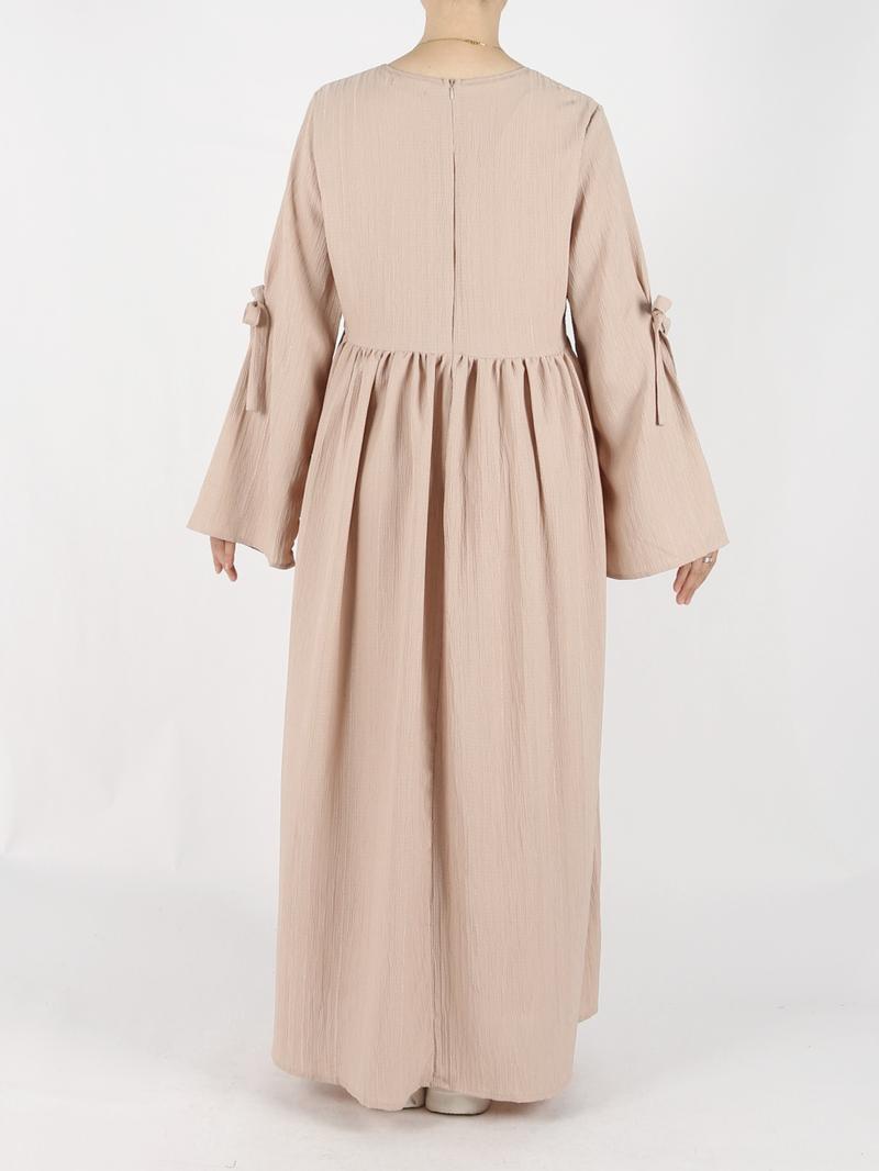 Women's Plain Bow Decor Flounce Sleeve Pocket Smock Dress, Casual Long Sleeve Round Neck Zipper Back Dress for Daily Wear, Ladies Clothes for All Seasons