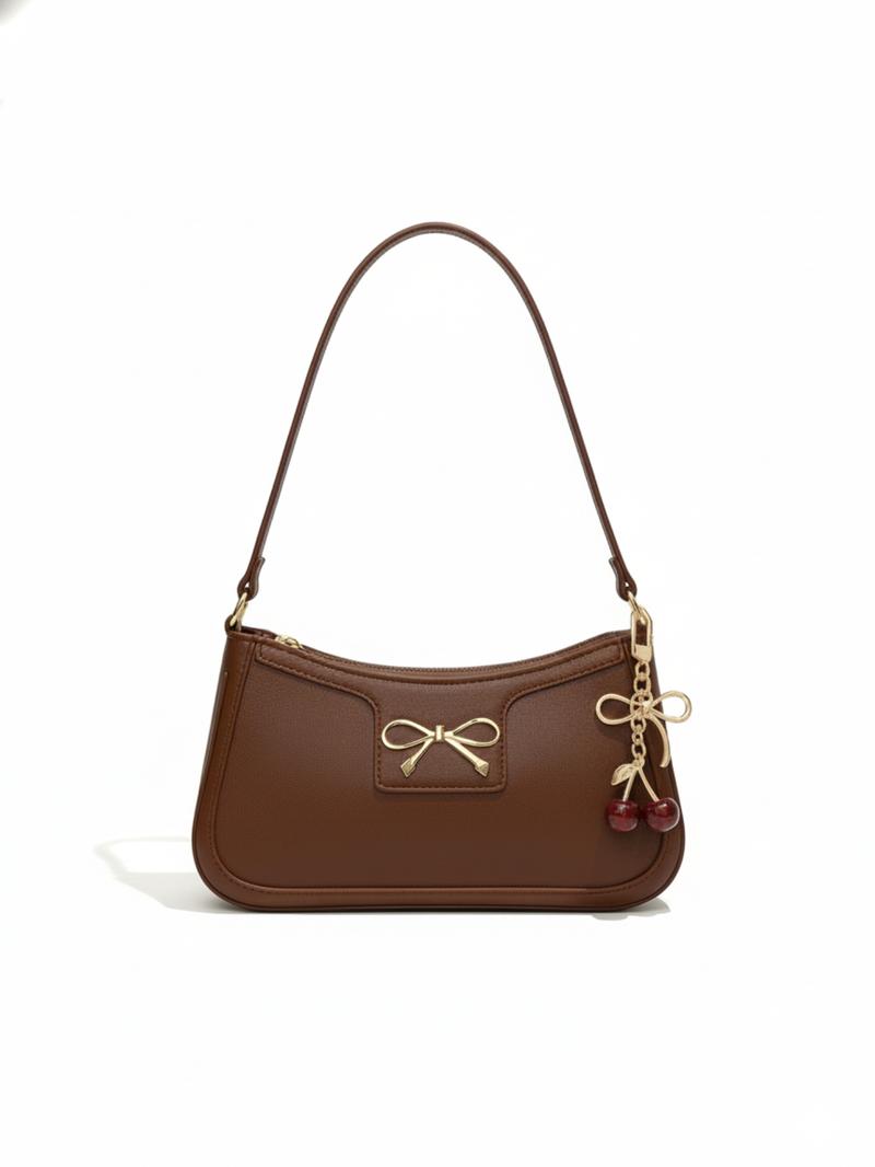 Women's Cute Half-Moon Bow Cherry Shoulder Bag, Fashion Casual Style, Plain Design, Suitable for All Seasons, Elegant Look, Half Moon Purse