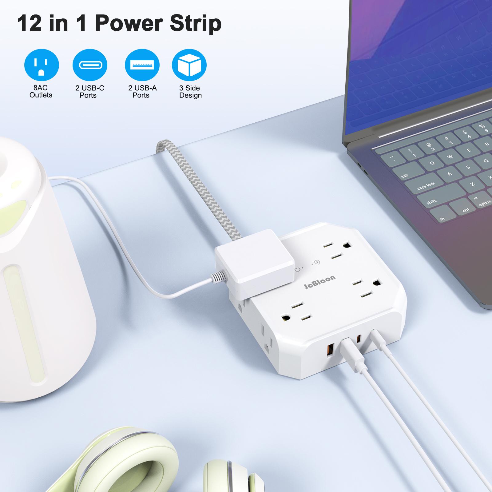 5/10/15ft Surge Protector Multifunctional Power Strip - 8 Widely Outlets with 4 USB Ports, 3 Side Outlet Extender, Flat Plug, Wall Mount, Desk USB Charging Station for Home Office, College Dorm Room Essentials