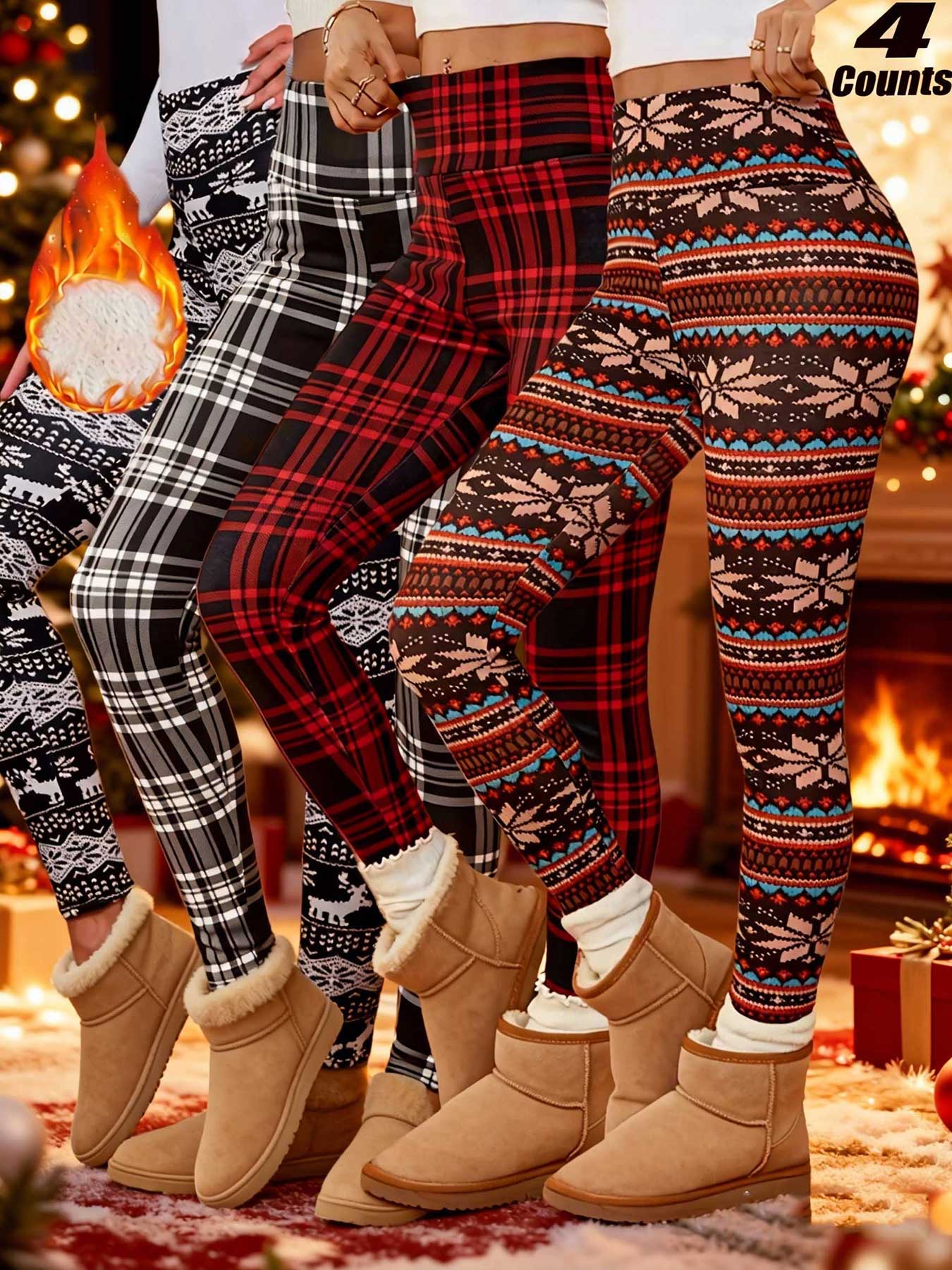 Women's Winter High Waist Plaid Fleece Lined Pants, Elastic Warm Lamb Velvet Nine-Point Leggings, Casual Fashion S-Xxl, Stretchy Soft Leggings