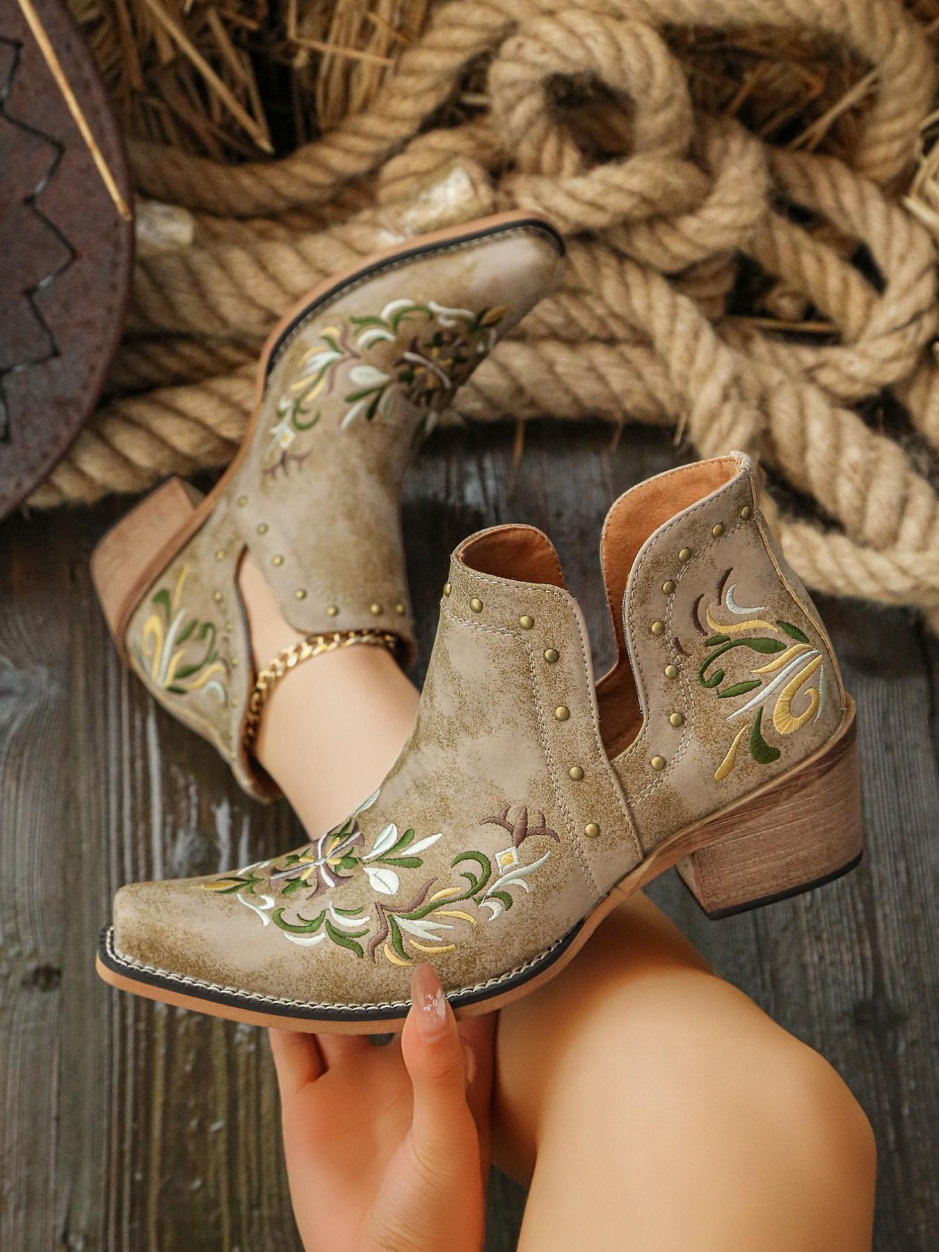 Women's Short Cowboy Ankle Boots, Embroidered Ankle Boots, V-Cut Slip-On Western Booties with Embroidery, Block Heel PU Leather Cowgirl Boots for Everyday Wear