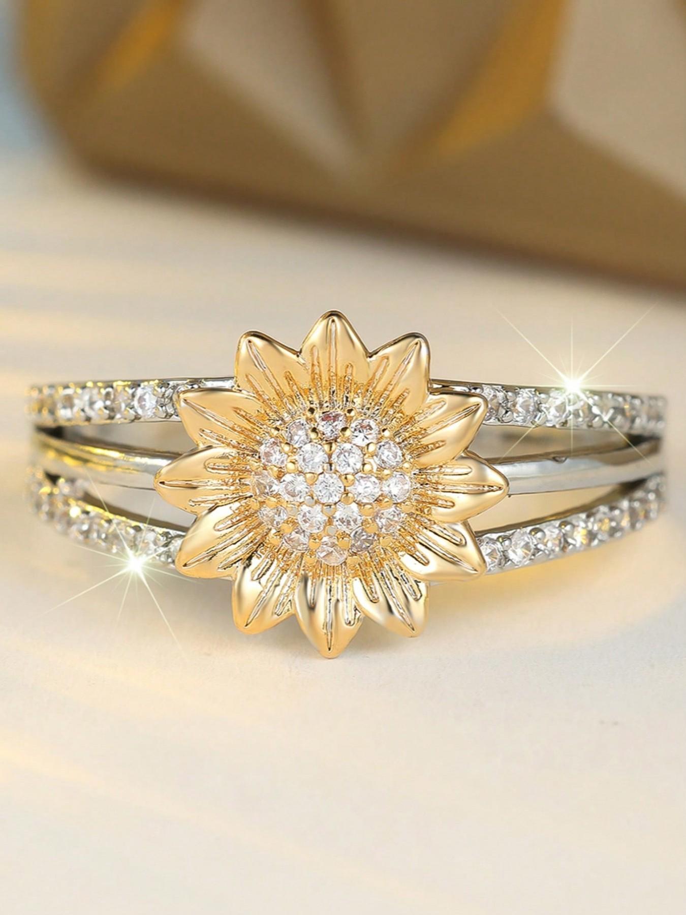 Elegant Sunflower Flower Ring for Women, Beautiful Rings, Fashion Copper Zircon Jewelry, Perfect Gift for Parties and Anniversaries, Stylish Floral Design