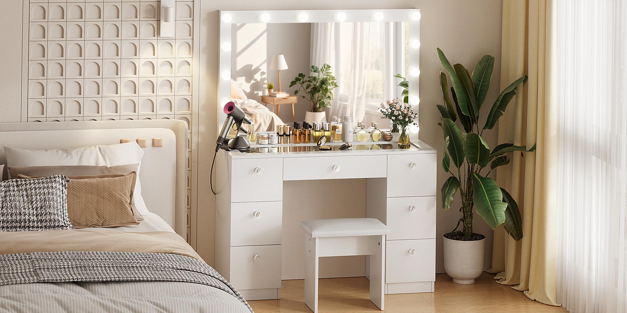 【Black Friday】VOWNER Modern Makeup Vanity Desk with Lighted Mirror and Stool,Makeup Table Sets with Drawers and Glass Desktop, Furniture Bedroom vanity mirror