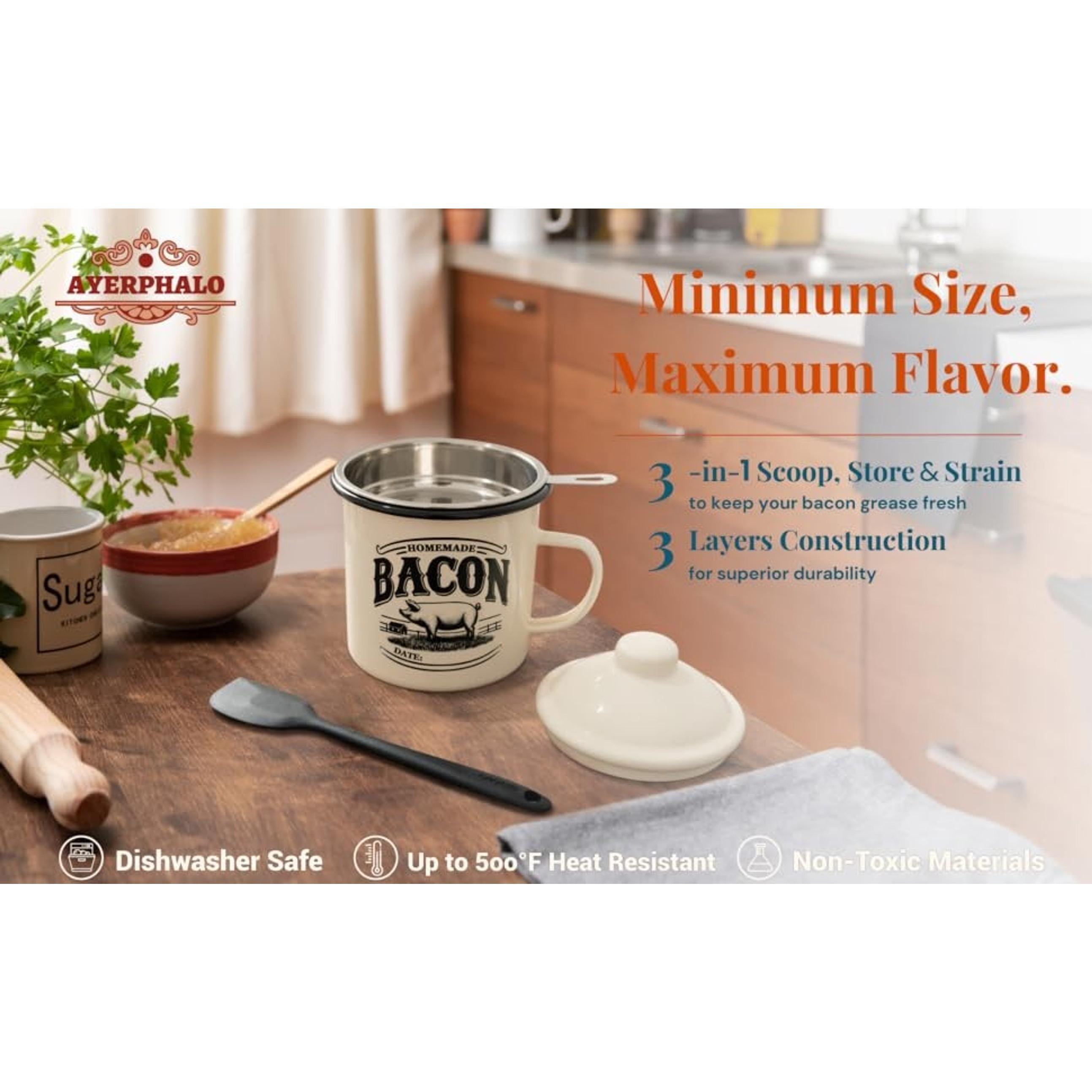 24oz Farmhouse Beige Enamel Bacon Grease Container with Strainer