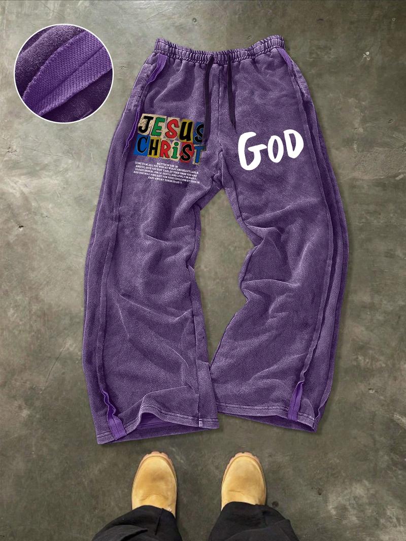 Men's Washed Cotton Sweatpants, Side Hem Stitching Long Pants, Jesus Print, Multiple Colors Available, Casual Fitted H-Type
