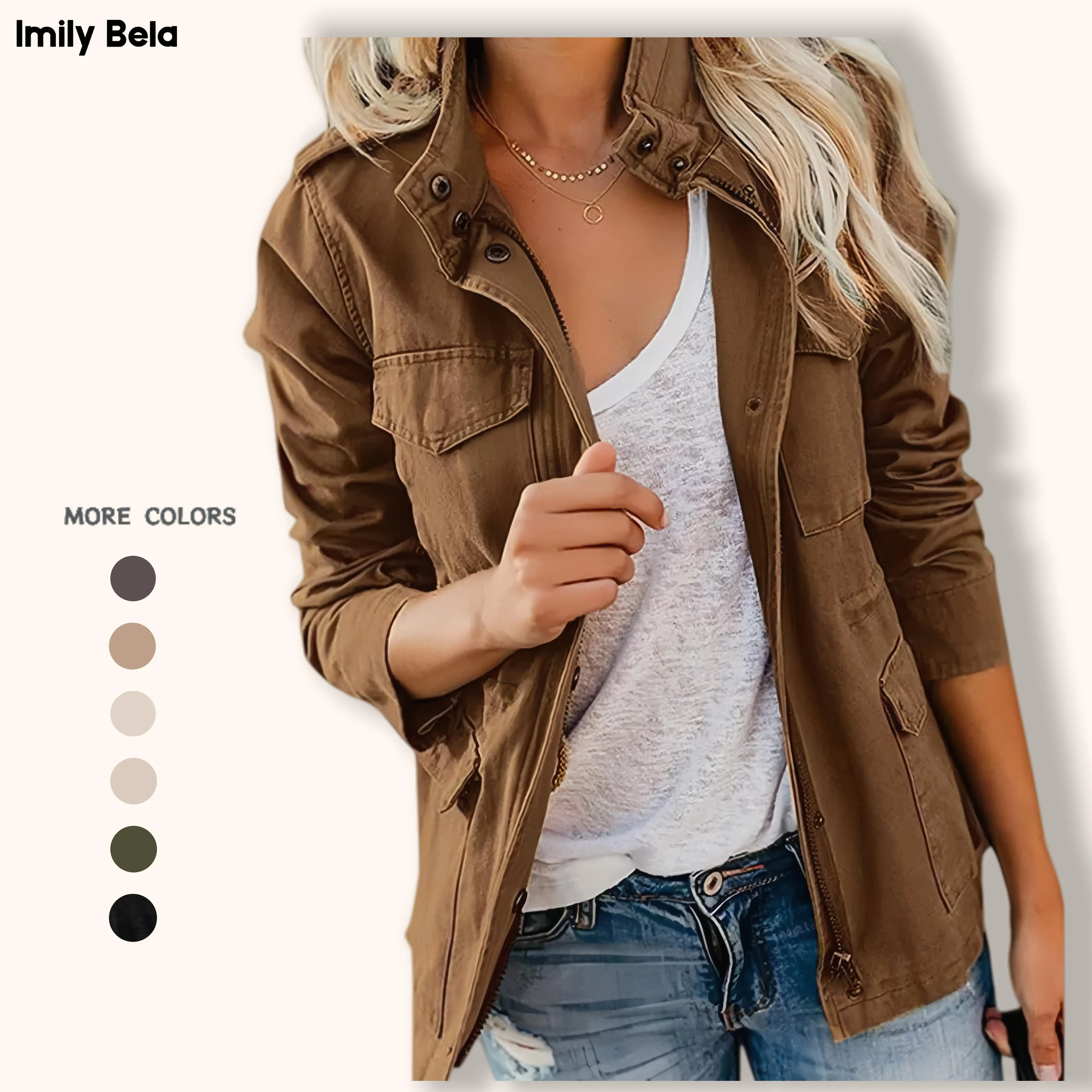 PiePieBuy Women's Cotton Military Jacket - Snap Button Lightweight Utility Anorak, Zip-Up Field Safari Coat Outerwear with Pockets, Long-Sleeve All Season Clothing (Military Style, Snap Button Women's Lightweight Jackets)