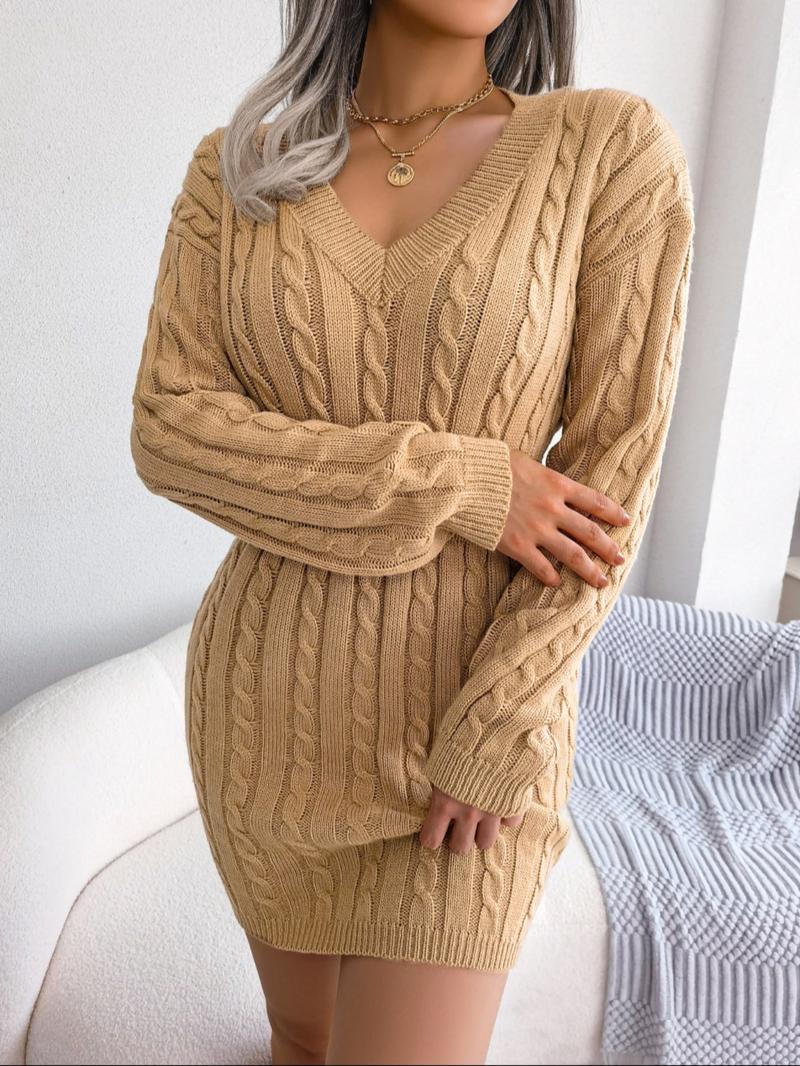 Women's Basic Comfort Solid Textured Drop Shoulder Sweater Dress, Lady's Lady Long Sleeve V Neck Cable Knit Dress, Casual Chic Dress